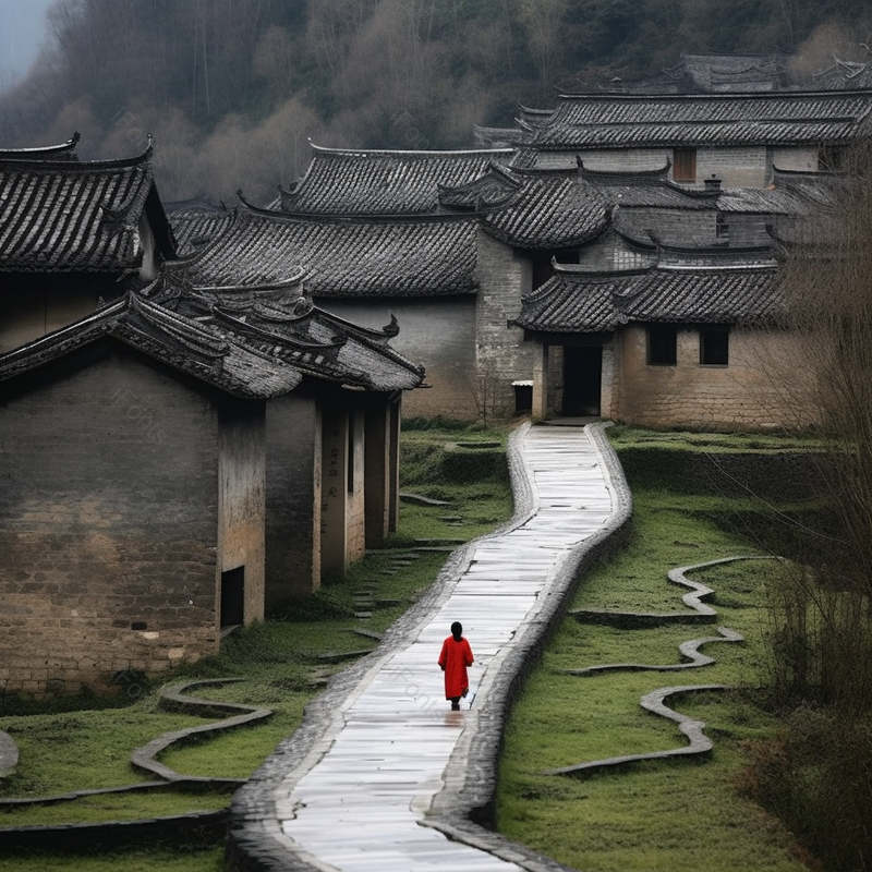 古老乡村房屋道路行人背影,高清,摄影图,摄影图片,图片大全,摄影图免费下载